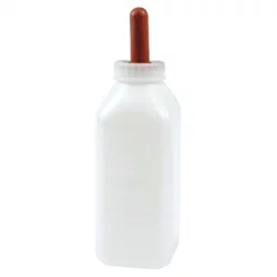Plastic bottle for calves with thread to hold the nipple